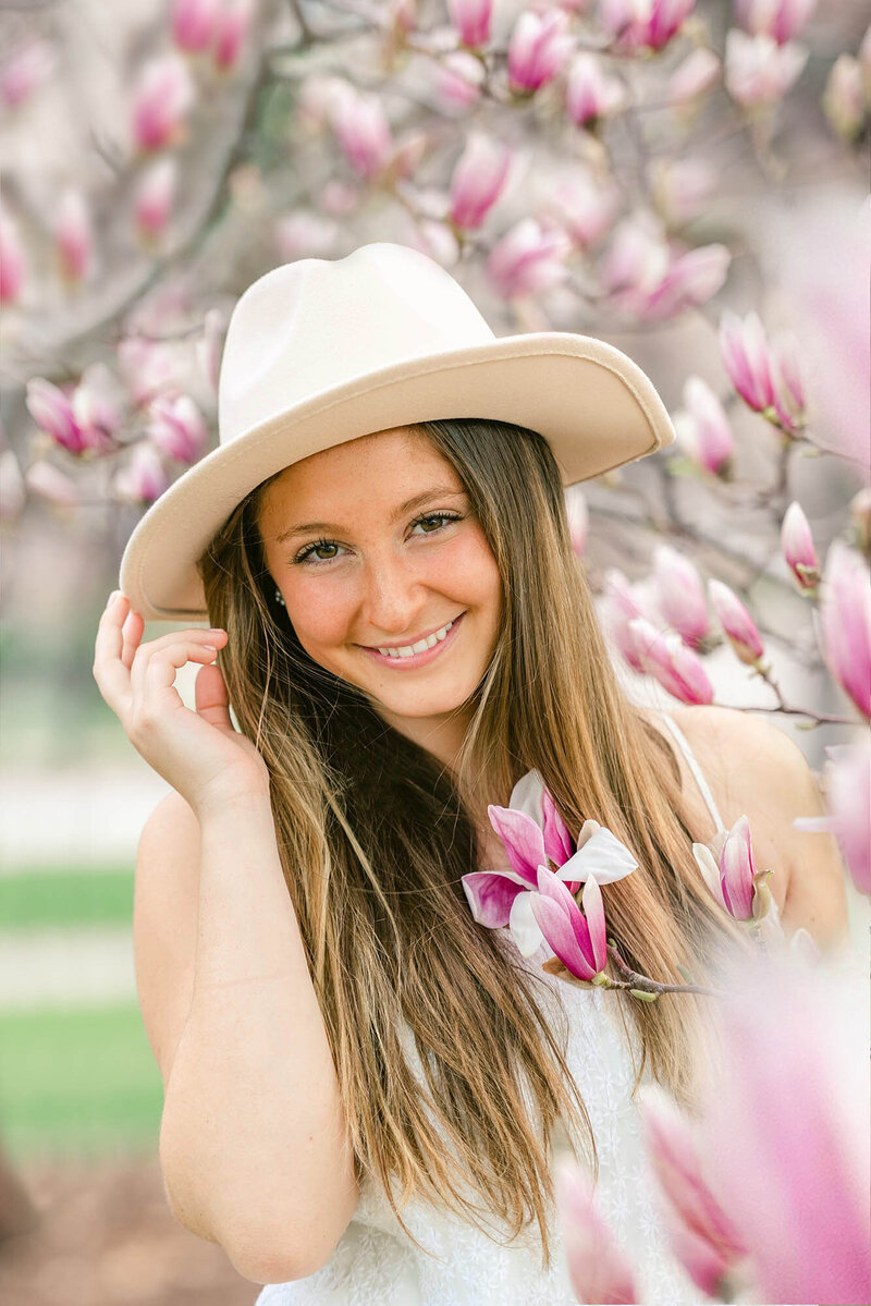 Senior girl portraits with magnolias in Elmhurst, IL