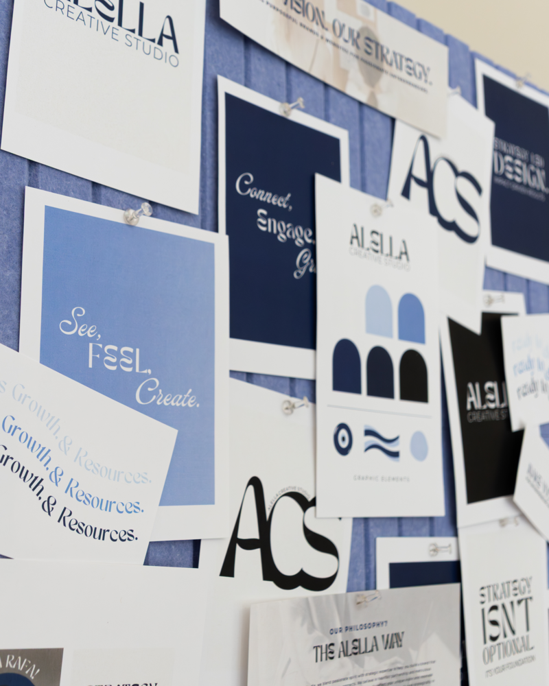 A collage of blue and white digital design elements, including logos, text snippets like 'Connect, Engage, Grow, & Convert', and abstract shapes, representing the 'Website in a Week' service.