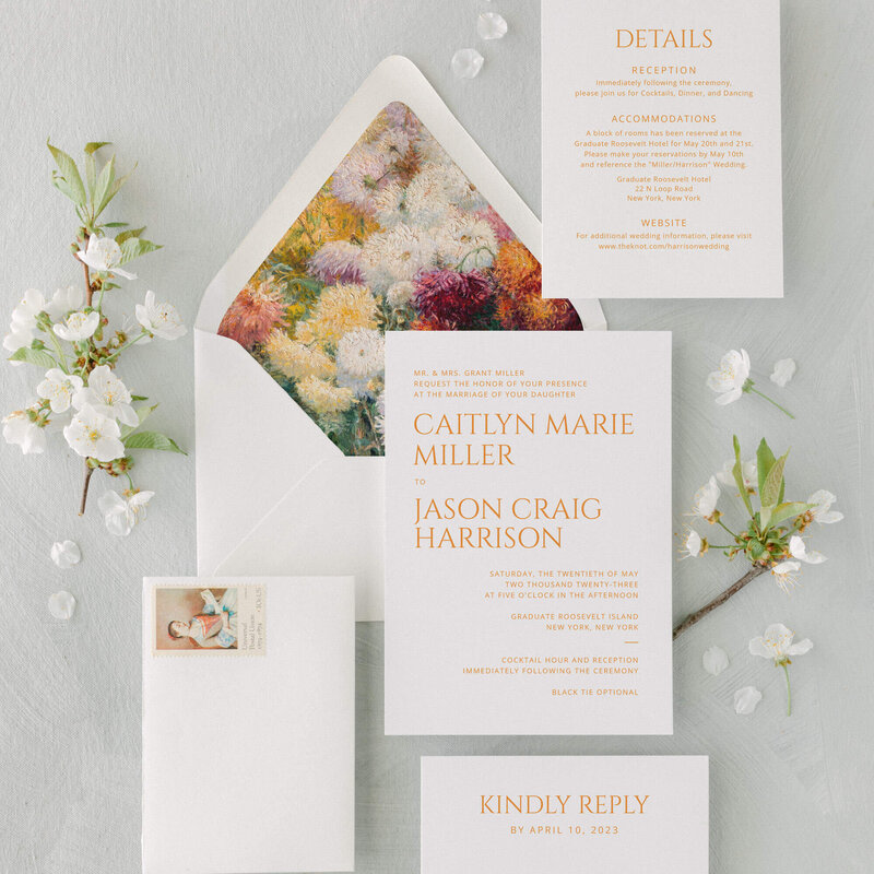 Pink rose and hydrangea watercolor ﬂoral wedding invitation suite