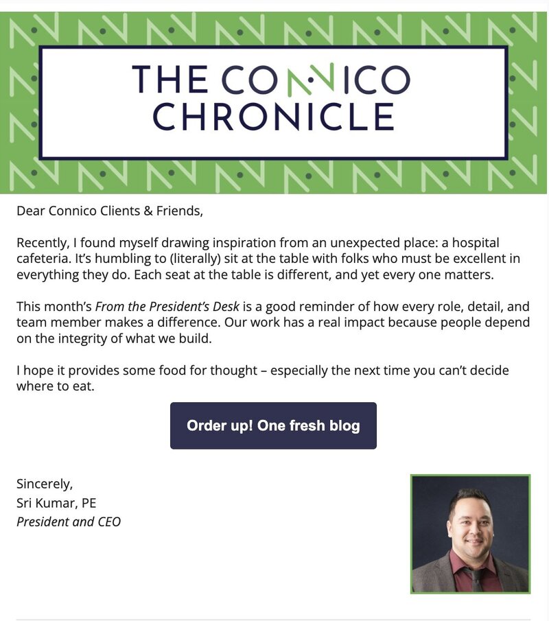 Connico Chronicle newsletter with a message from Sri Kumar, President and CEO