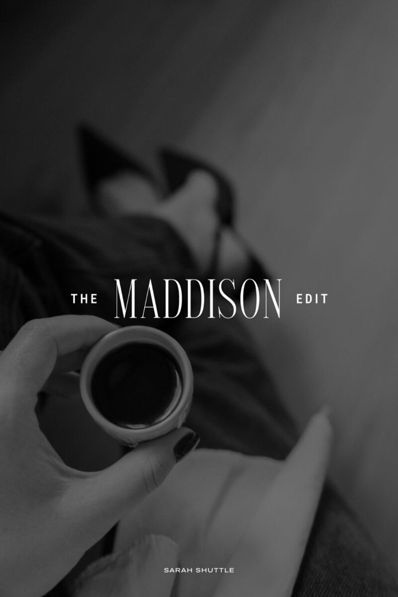 Monogram logo design for The Maddison Edit displayed over a black and white coffee photo, reflecting luxury editorial brand identity.