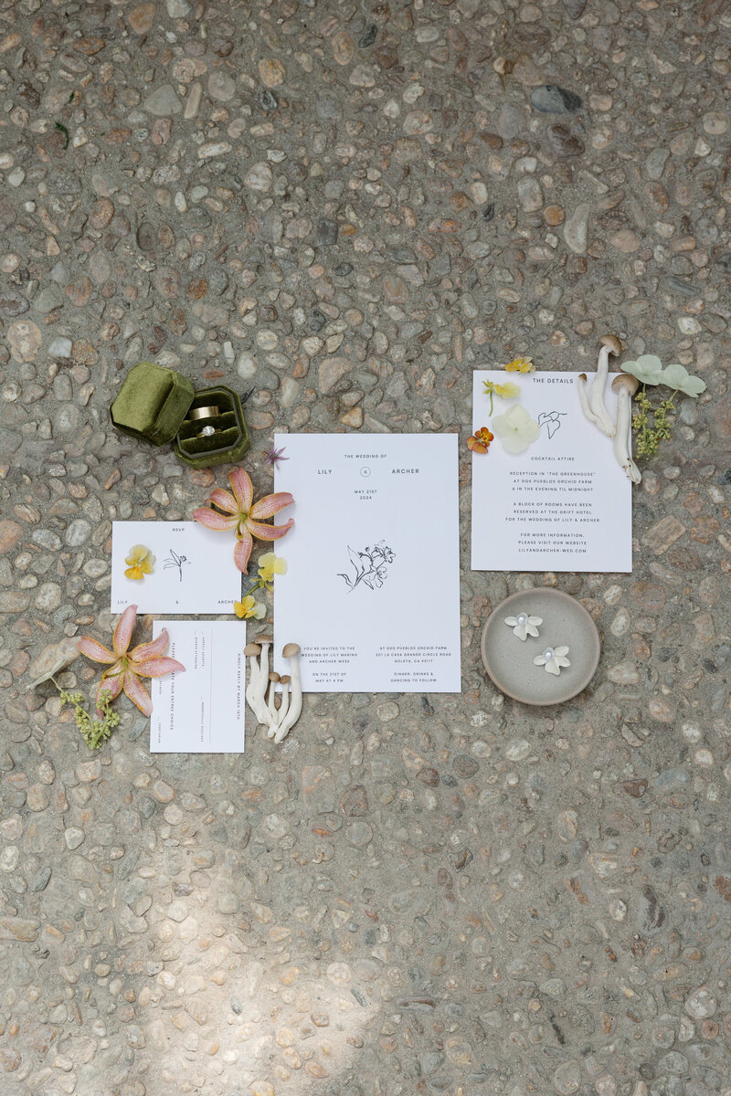 Close-up of wedding details, including florals and calligraphy, by a La Jolla California wedding photographer.
