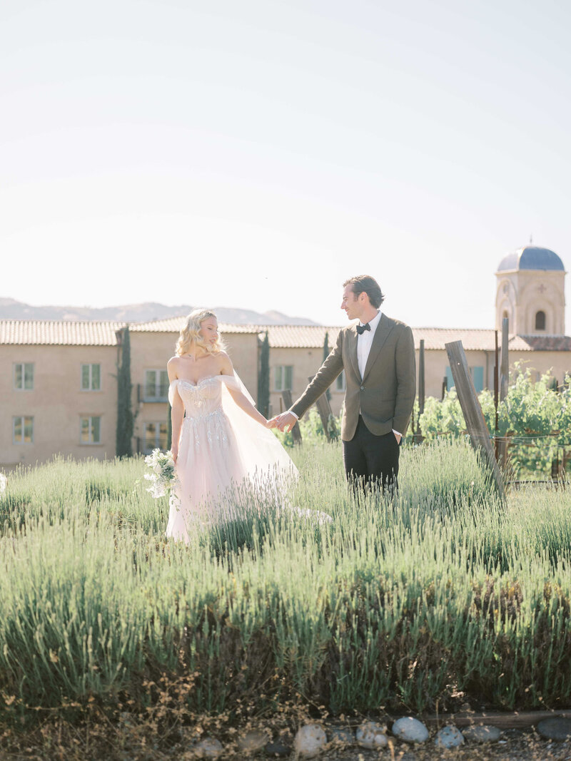 Wedding photographer, A husband admires his brides on the stone wall in an estate