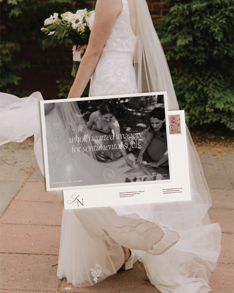 A luxury wedding photographer branding mockup with a logo and monogram.