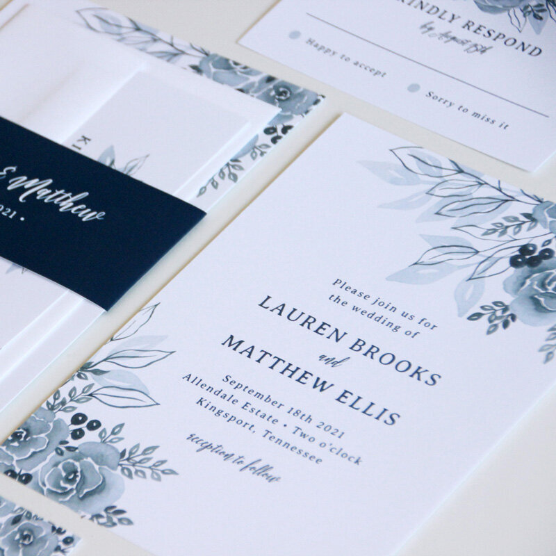 dusty blue wedding invitation set with belly band