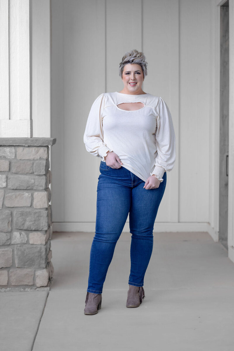Smiling woman on porch