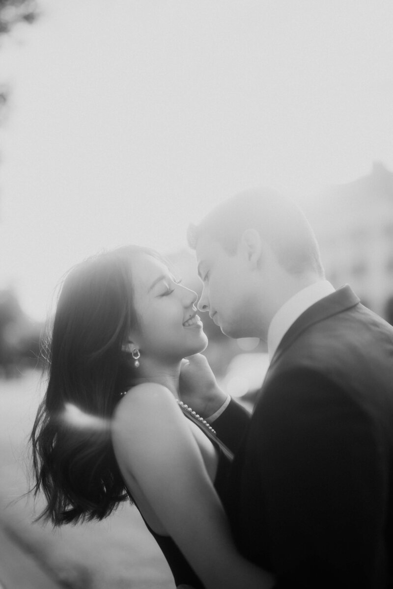 Elegant engagement portraits in Palais Royal garden in Paris
