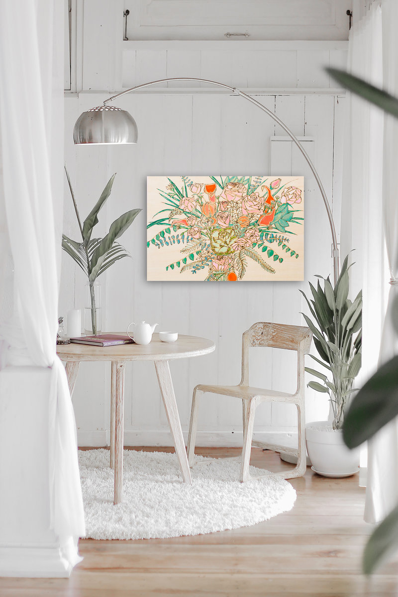 Bright orange flower wood burned and painted flower bouquet on white rustic wall