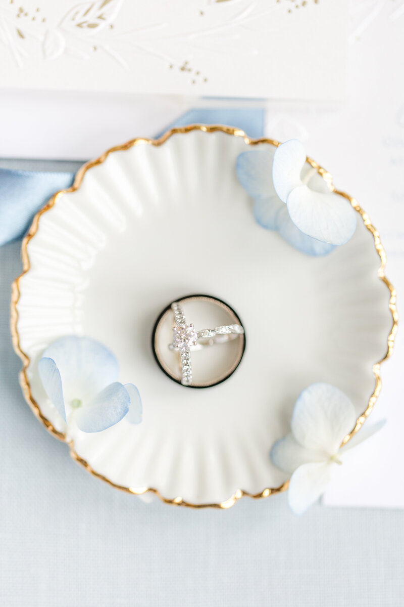 Northeast Ohio Wedding Photographer Wedding Detail Engagement Ring light blue hygrangeas light and airy photographer