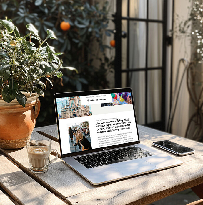 Cozy workspace featuring a laptop, a cup of coffee, and a plant, designed for a travel agent website by Unica Formo.