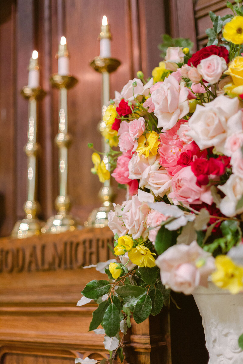 spring wedding florals in church