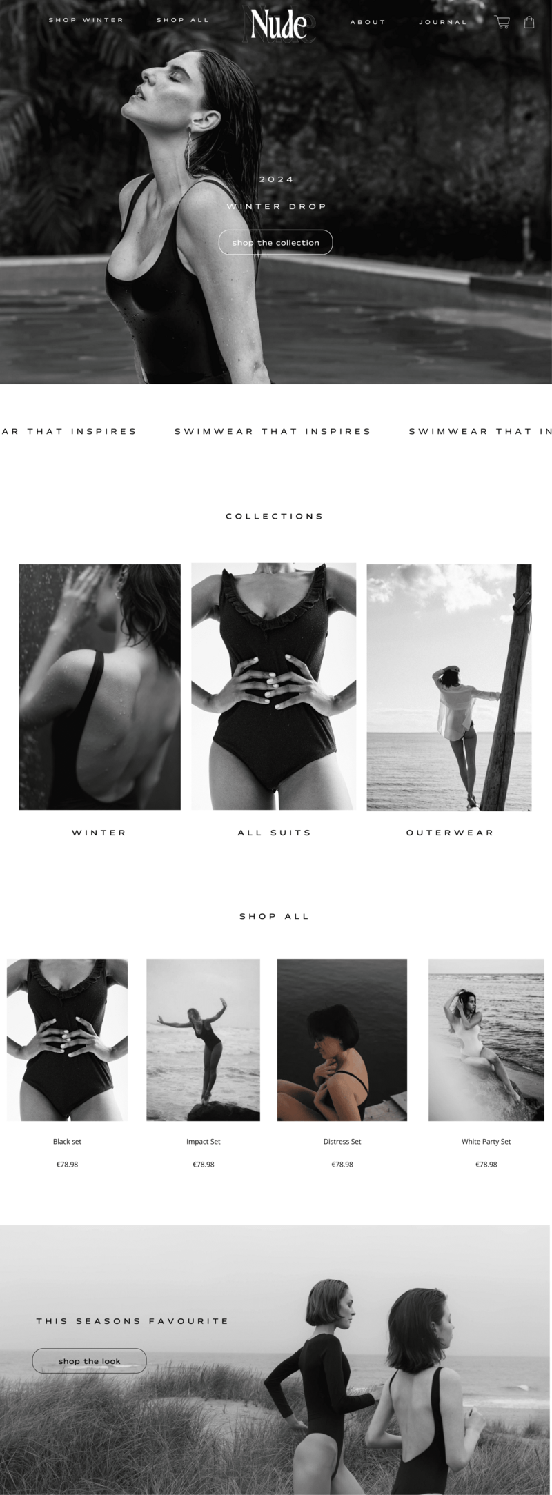 Website homepage mockup for a swimwear brand, featuring a model in a black swimsuit with the brand name 'Nude' and options to shop collections.