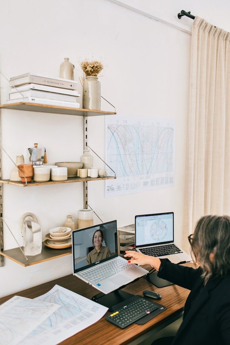 Astrocartographer Kristine Odegard on a zoom call with a client