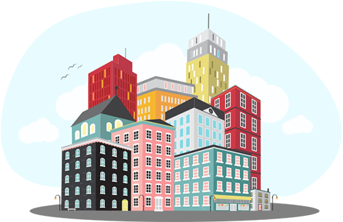 Illustrated city with buildings at multiple colors