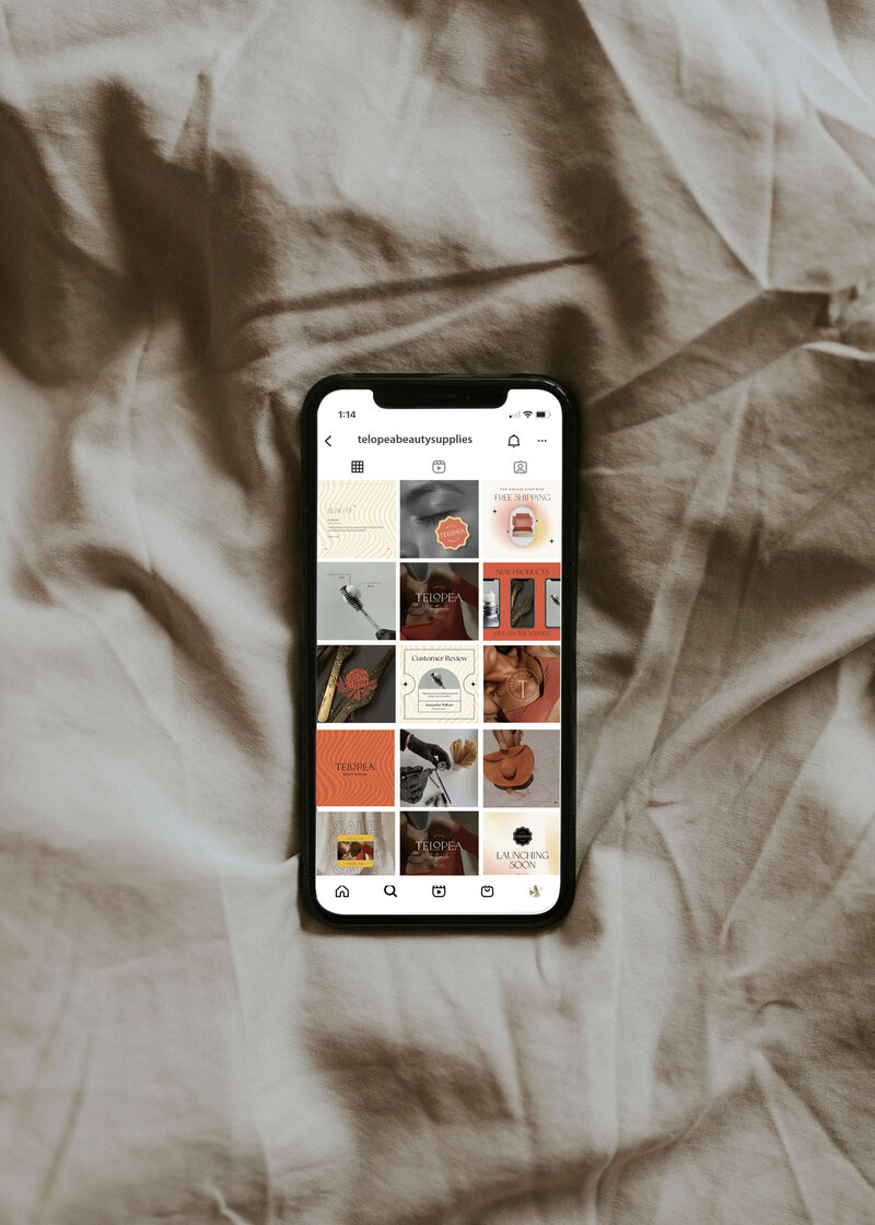 A screenshot of Telopea Beauty Supplies' Instagram feed, displaying a curated collection of beauty products, branding elements, and promotional materials that reflect the brand’s strong visual identity.