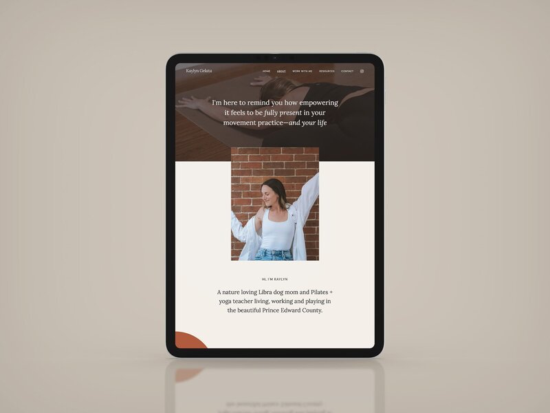 iPad mockup displaying a thoughtfully designed website for a yoga and Pilates instructor, ideal for wellness entrepreneurs seeking a fresh, easy-to-navigate, and visually calming online space for their business.