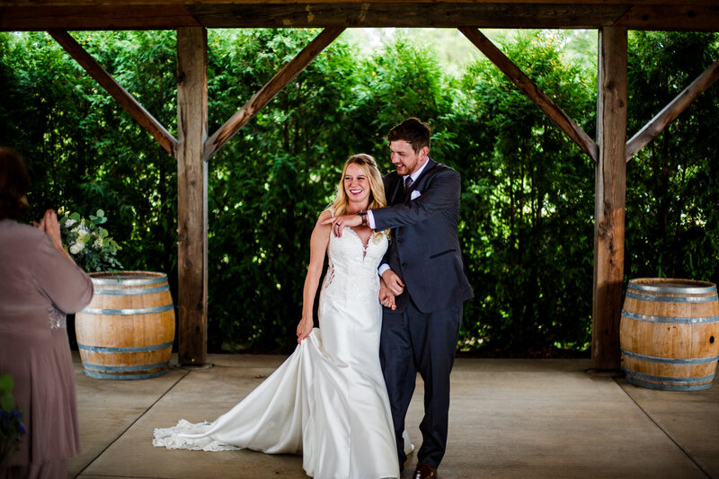 Recessional of bride and groom at Quincy Cellars wedding