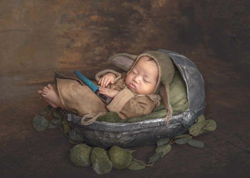  "Newborn baby dressed in a tiny Jedi robe, posed with a soft Yoda plush, in a Star Wars-themed newborn session in Ottawa."