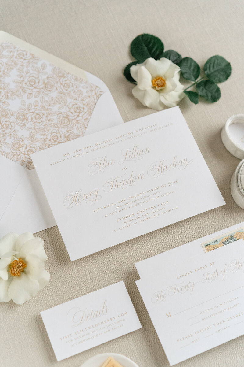 White and Gold Semi-Custom Wedding Invitation with Vellum and Silk Ribbon
