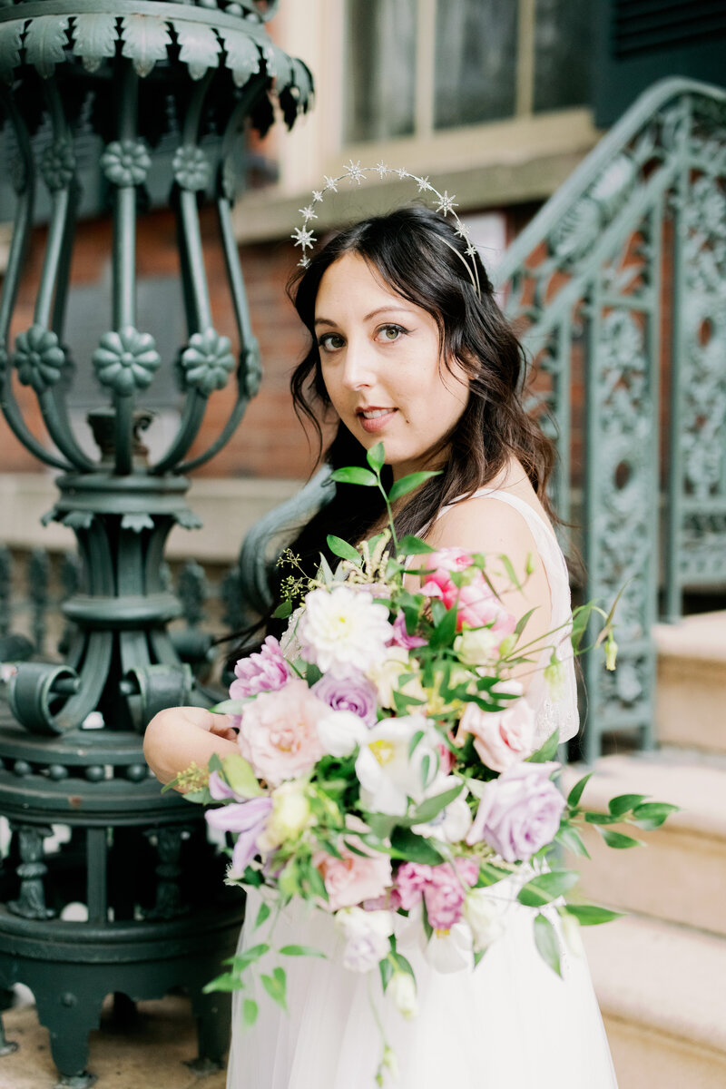 Cute bridal details of Intimate Micro Wedding styled shoot of wedding bouquet, bridal shoes, and boutonniere