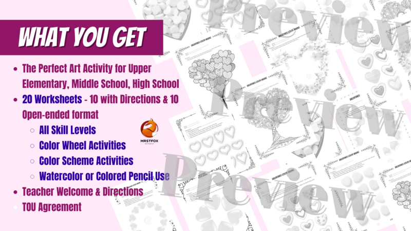 The perfect art activity for Upper Elementary, Middle School, High School. 20 Worksheets - 10 with directions and 10 open-ended format. All skill levels, color wheel activities, color scheme activities, whatercolor or colored pencil use. Teacher welcome and directions. TOU agreement.