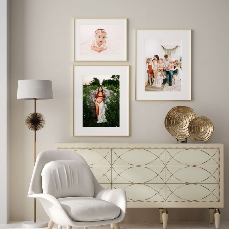 framed baby photo collage in nursery captured by Branson MO baby milestone photographer d photos above crib captured by Springfield MO newborn photographer Jessica Kennedy of The XO Photography
