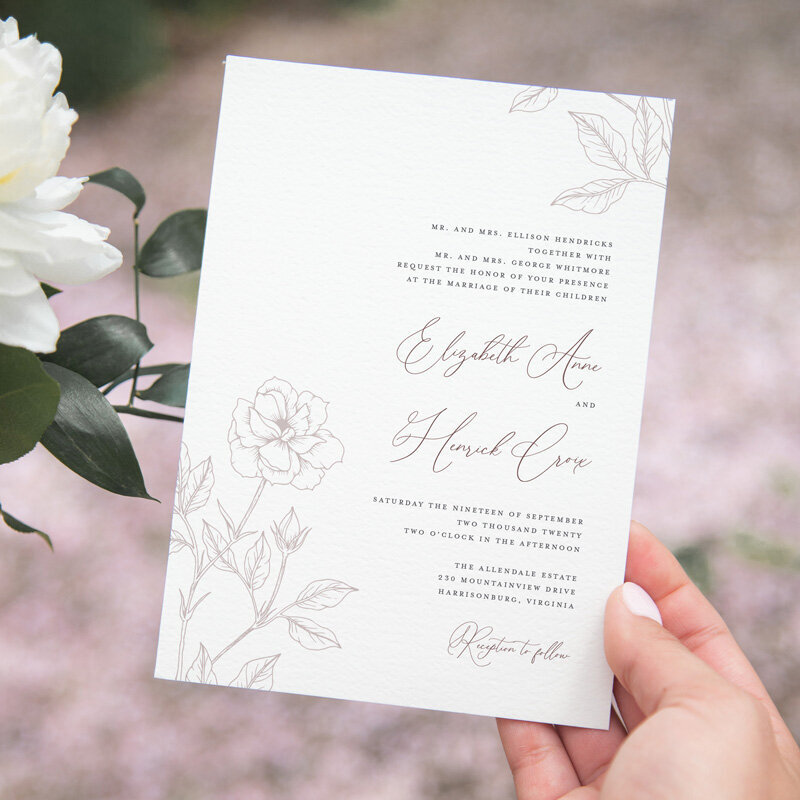 mauve wedding invitation suite with fine line florals