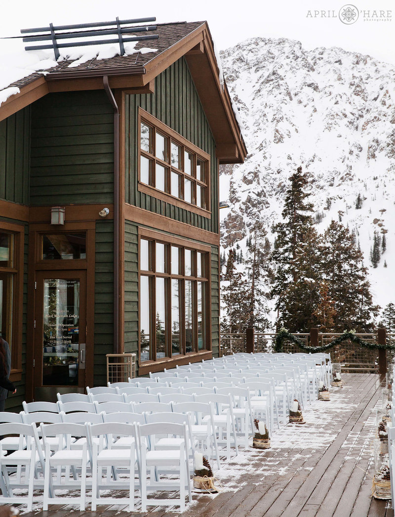 Outdoor deck set up for wedding at Black Mountain Lodge