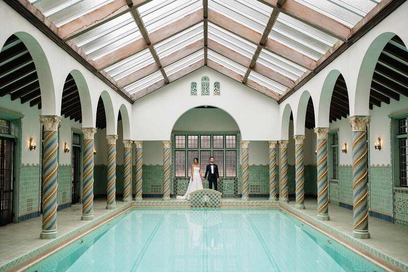Luxury wedding couple at indoor venue