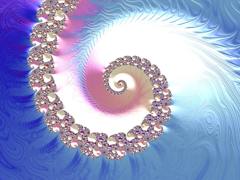 A sparkling spiral fractal in shades of rich blue, pink and white