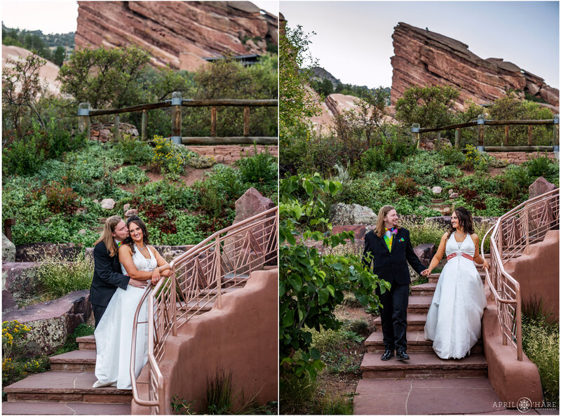 Couple on the Staircase at Red Rocks Trading Post on their Wedding Day