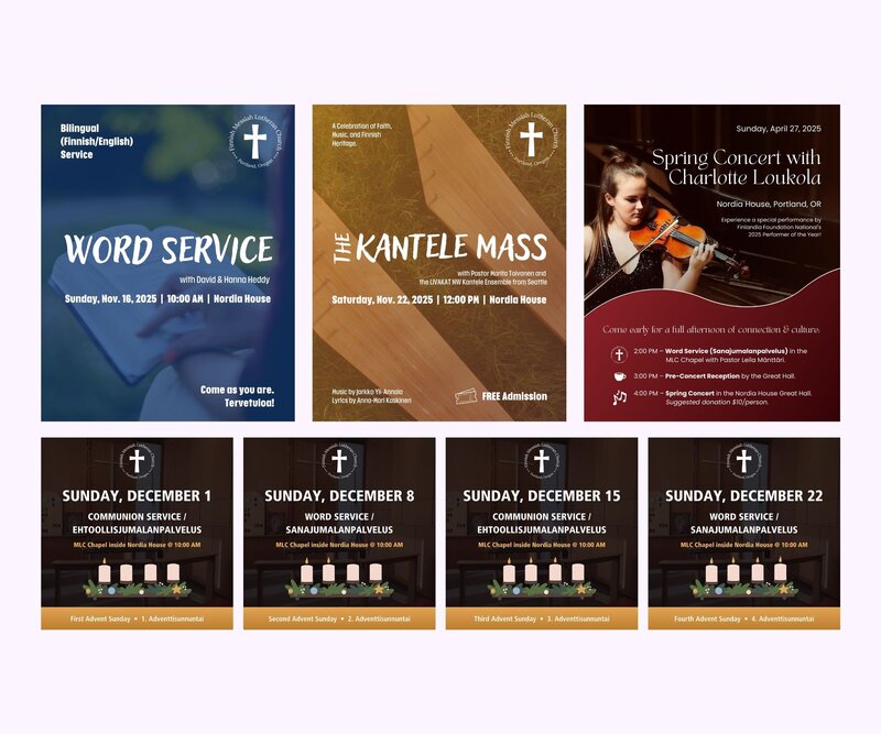 Church service and event promotional graphics for Finnish Messiah Lutheran Church, designed for social media use