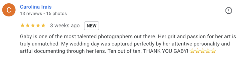 Google Review by Carolina for Wedding Photographer in Orlando Florida