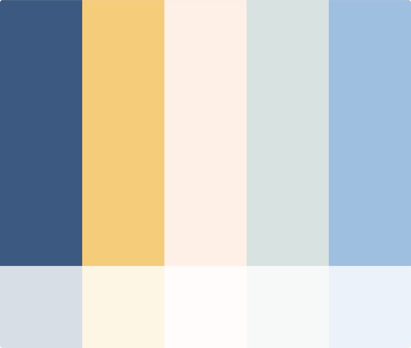 5 long rectangles showing Wander Weddings brand colors of blue, yellow, and tan.