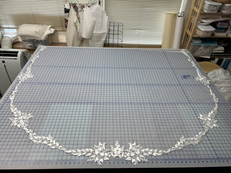 custom lace bridal veil being fabricated