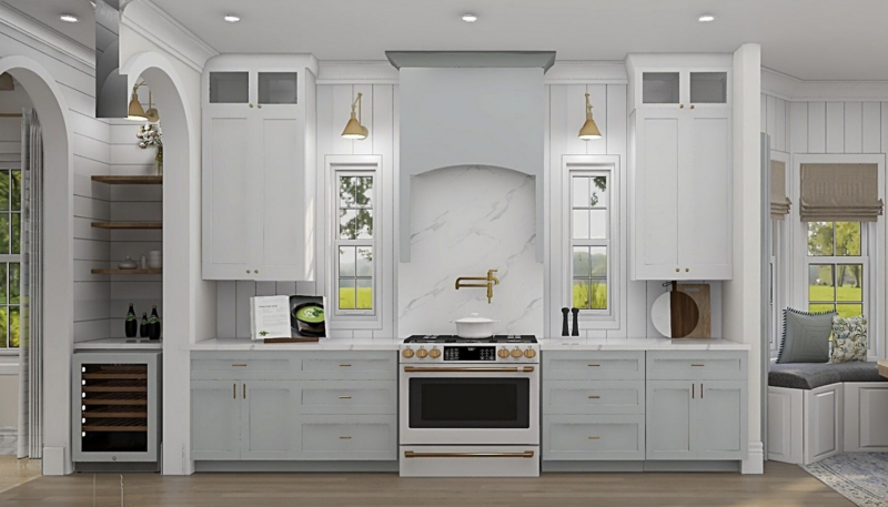 gray and white kitchen design for a new construction home design by Gracious Home Interiors