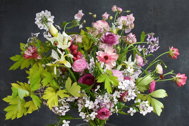 late-spring hand-tied bouquet with columbines ranunculus - Fleuris Studio & Blooms