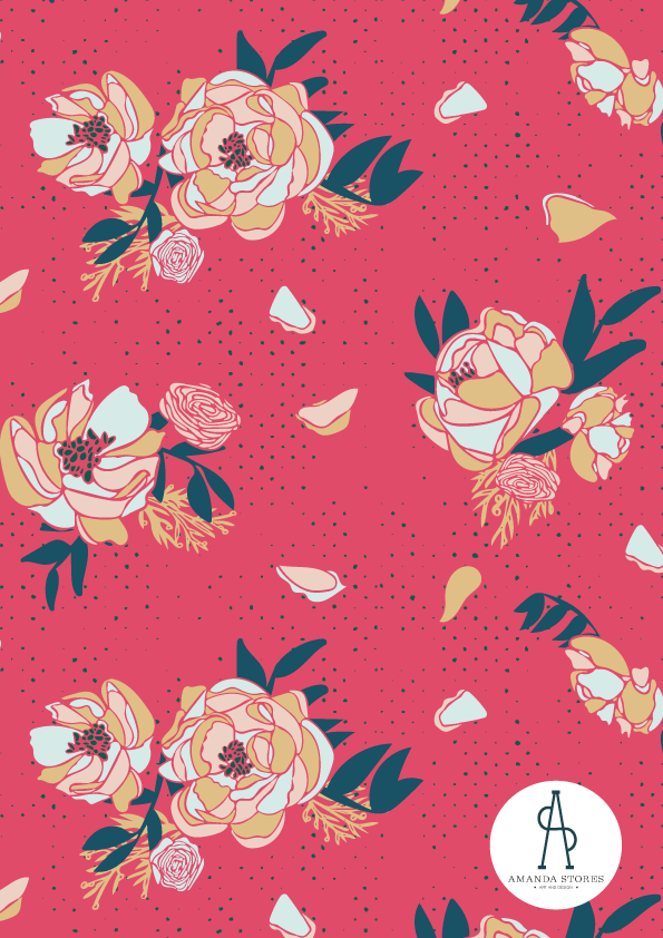 Peonies pattern on red background witht textured dots