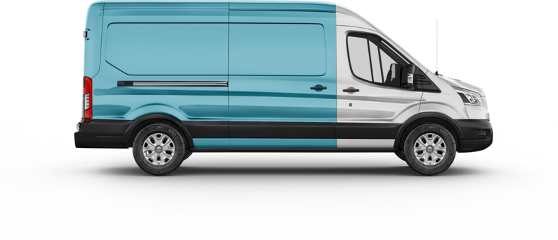 The passenger side of a white Transit van with a blue block of color covering the rear 3/4 of the van to indicate coverage area