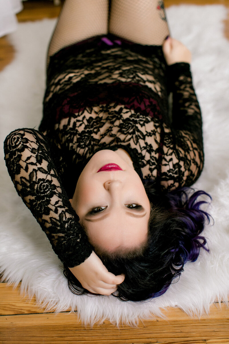 woman with purple hair wearing