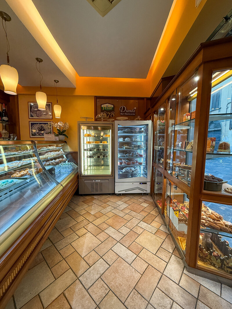 Pastry cases at Pasticceria Dianda in Lucca, Italy