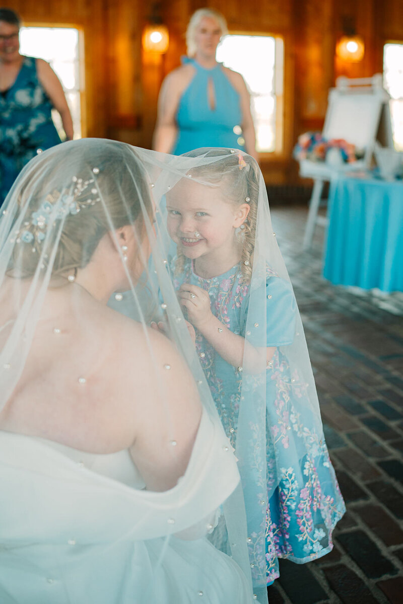 A small child smiling and standing under a bride's veil with them 