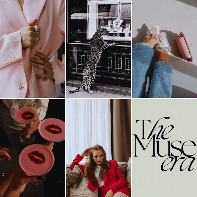 A mood board featuring images of a woman wearing a pink blazer, a leopard in a cage, a pair of legs with pink shoes and a purse, a couple holding drinks with red lipstick marks, a woman in a red blazer, and the text "The Muse Era."