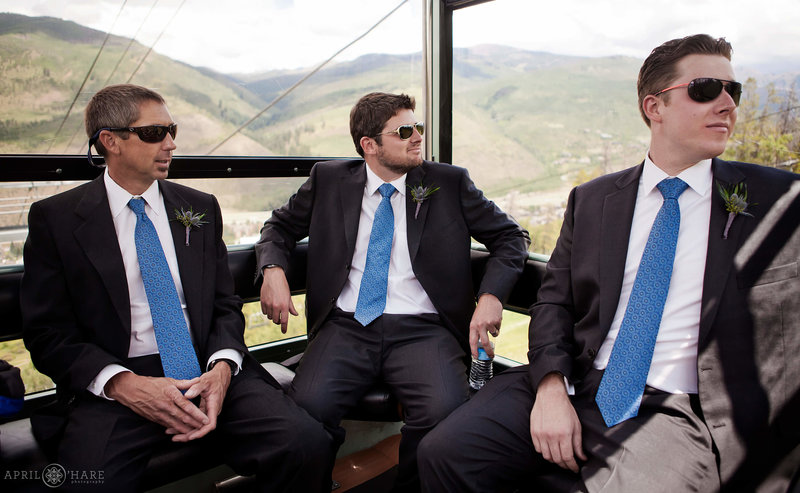 Groomsmen enjoy Eagle Bahn Gondola ride on a wedding day at Vail Resort in Colorado