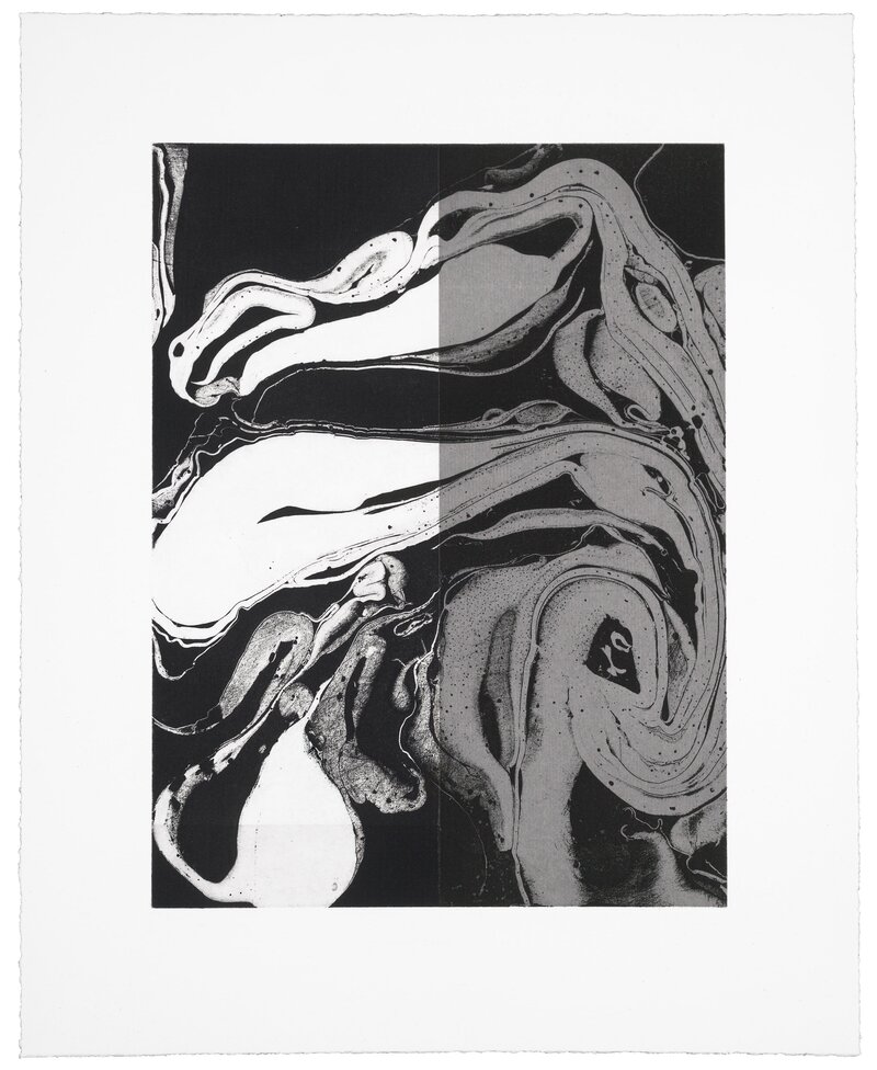 Abstract black-and-white marbled aquatint etching by Solange Roberdeau, featuring fluid, organic patterns with dramatic contrast.