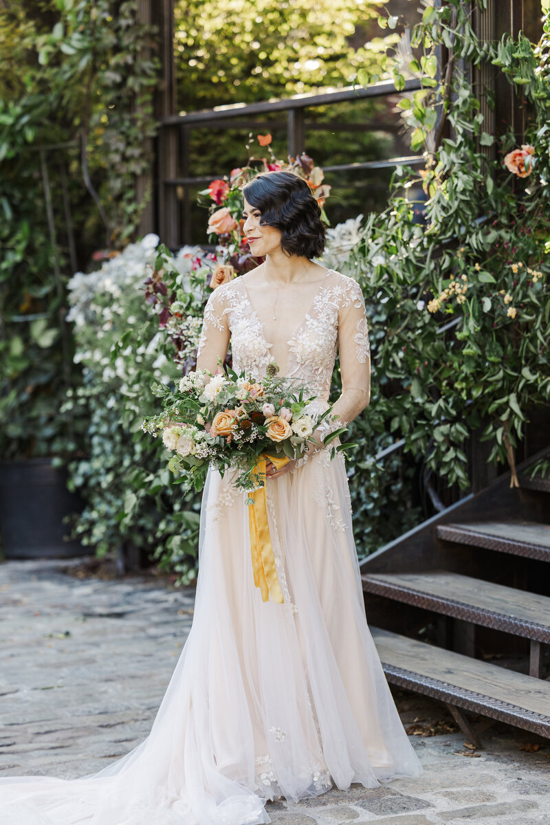 Cute bridal details of Intimate Micro Wedding styled shoot of wedding bouquet, bridal shoes, and boutonniere