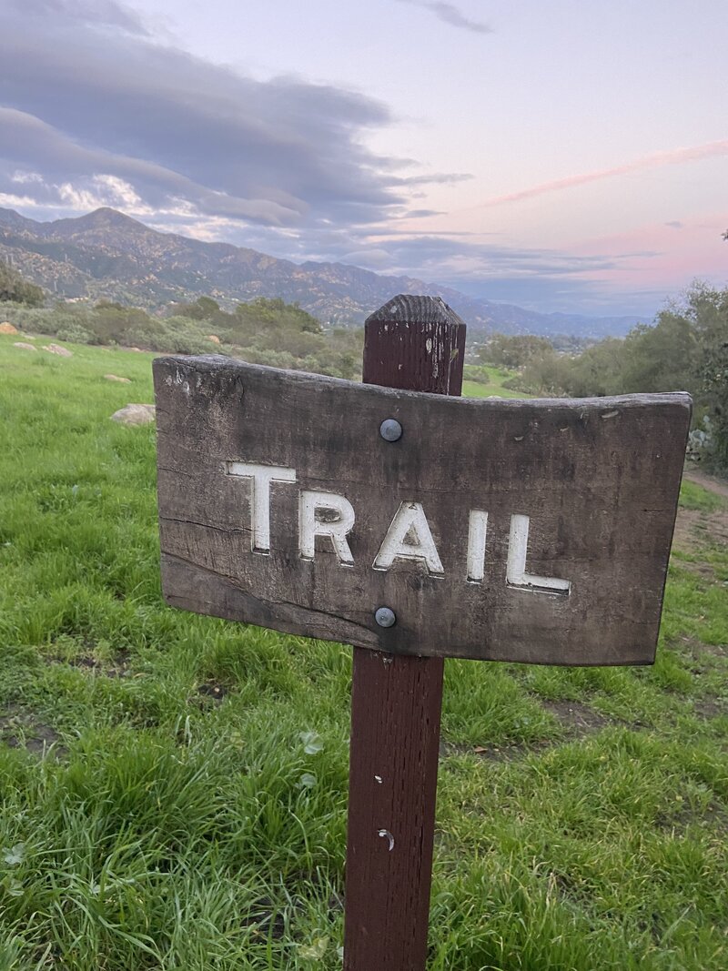 Trail sign post on a green path with mountains and sunset clouds in the background