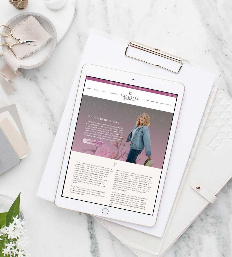Explore Rachelle's transformative spiritual healing website on the convenience of an iPad display. Crafted with precision by a Showit Web Design specialist, her platform offers a seamless journey towards inner peace and well-being