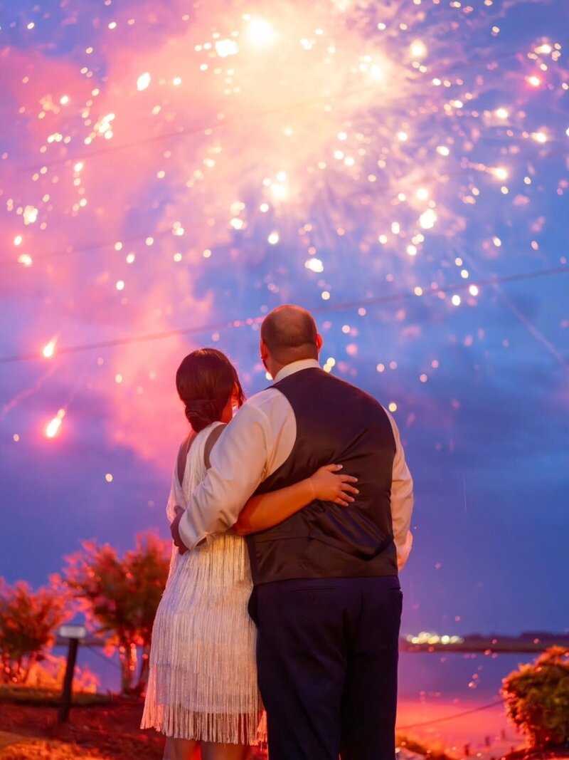 Bride and groom are walking into the sunset