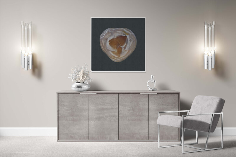 Fine Art Canvas with a white frame featuring Project Stardust micrometeorite NMM 650 for luxury interior design